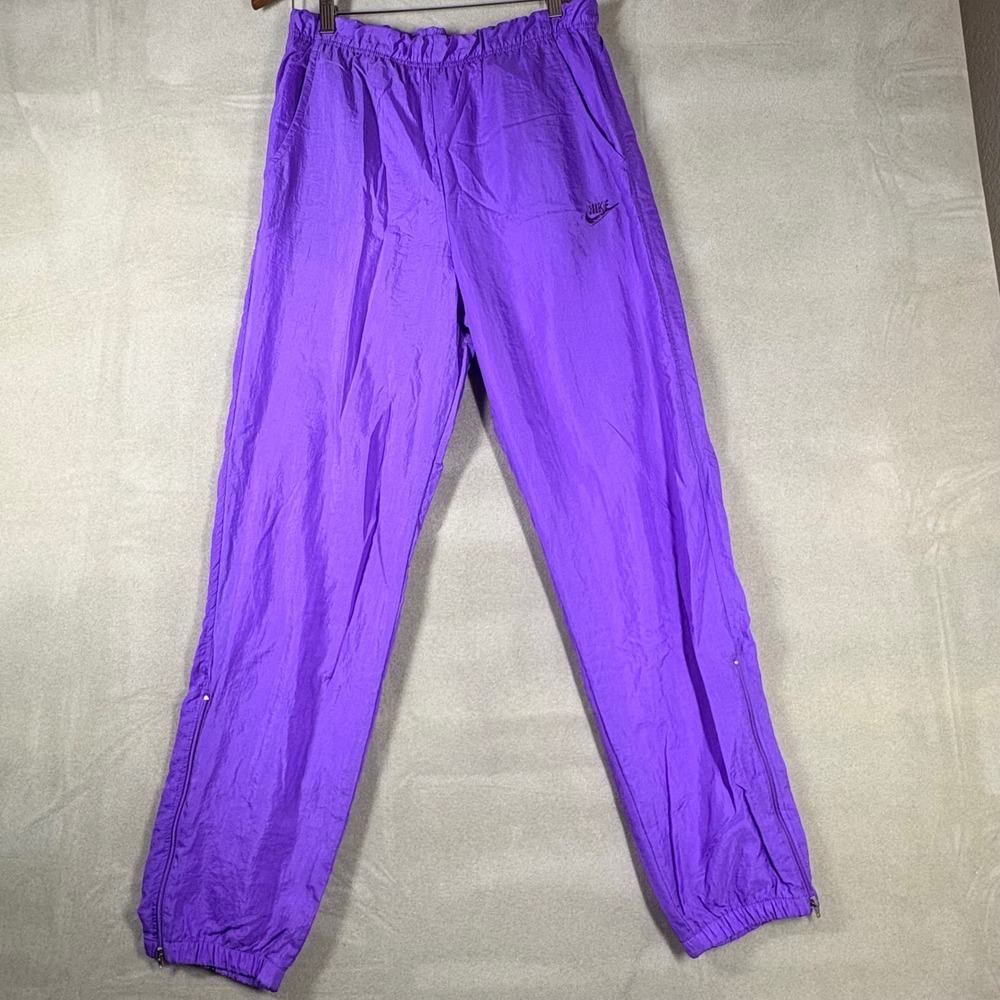 Vintage Nike Purple Nylon Track Pants High Rise Ankle Zip Joggers Womens Small